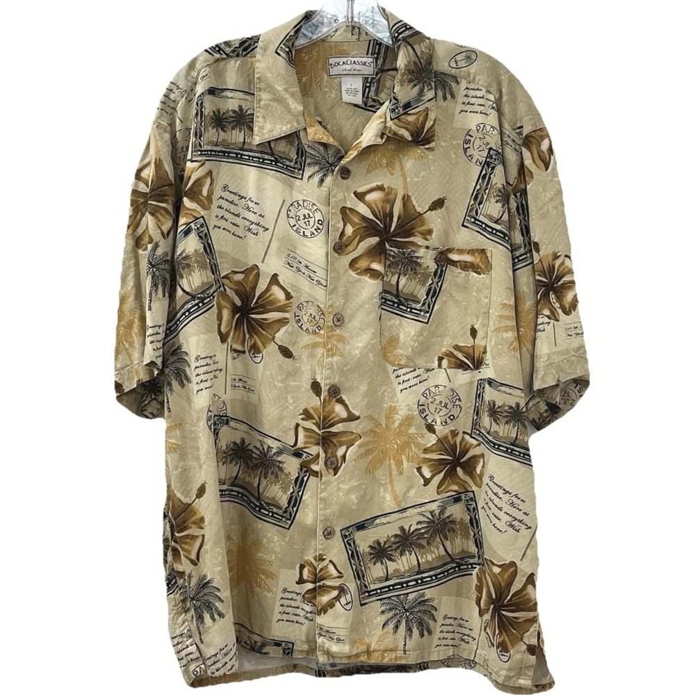 Boca Classics Island Wear Mens Hawaiian Shirt L Tan 100% Silk Tropical Postcards